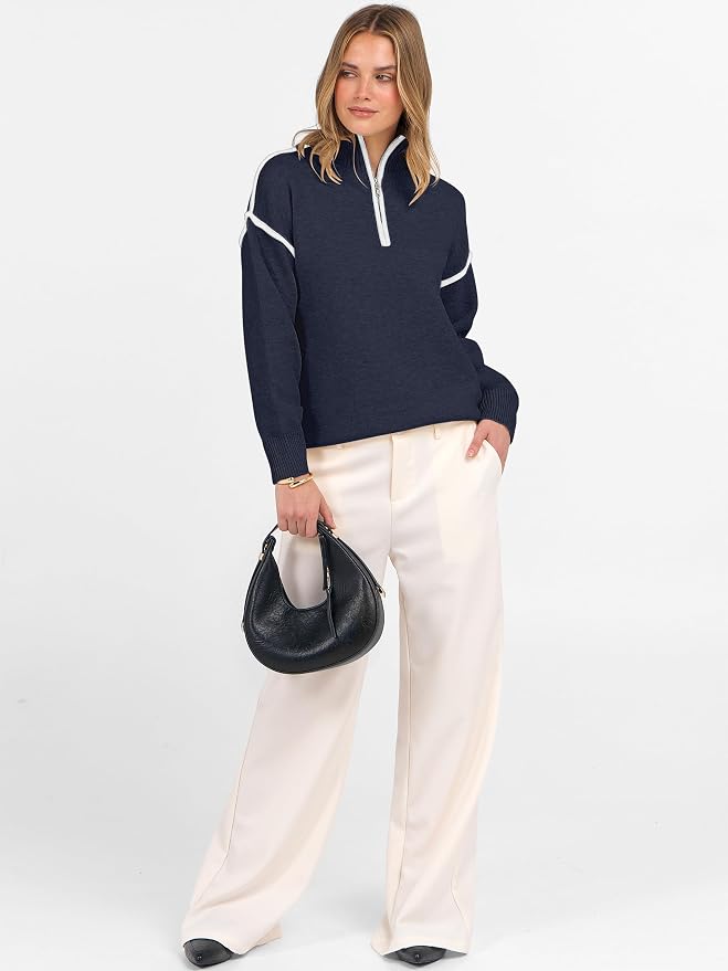 ANRABESS Womens Quarter Zip Sweaters Fall Long Sleeve V Neck Shirts Collared Business Casual Tops Knit Pullover Sweatshirts