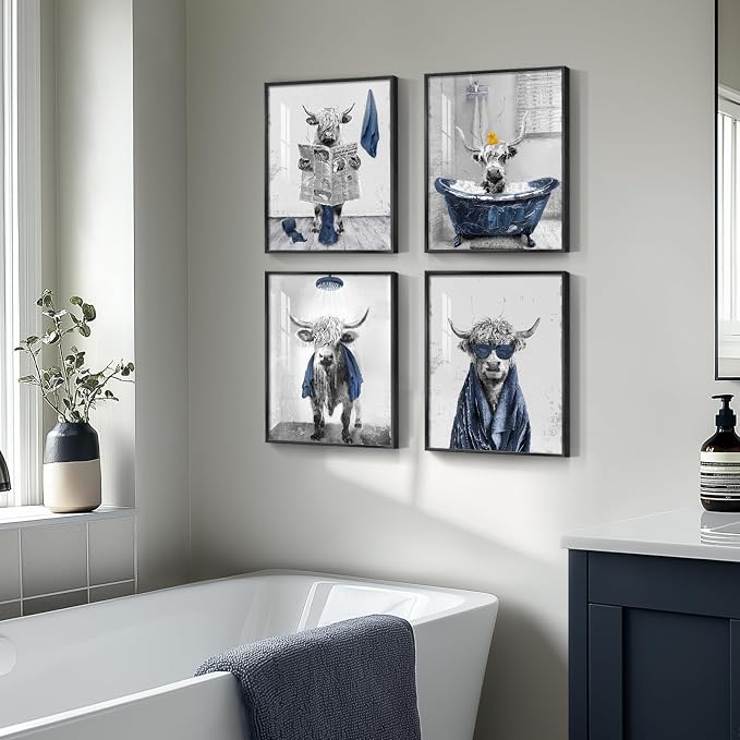 Framed Funny Highland Cow Wall Art for Bathroom Decor, 4 Piece Navy Blue Prints Paintings Artwork for Walls, Fun Cute Cow Sitting on Toilet in Bathtub Pictures for Bathroom Wall Decor 12x16 Inch