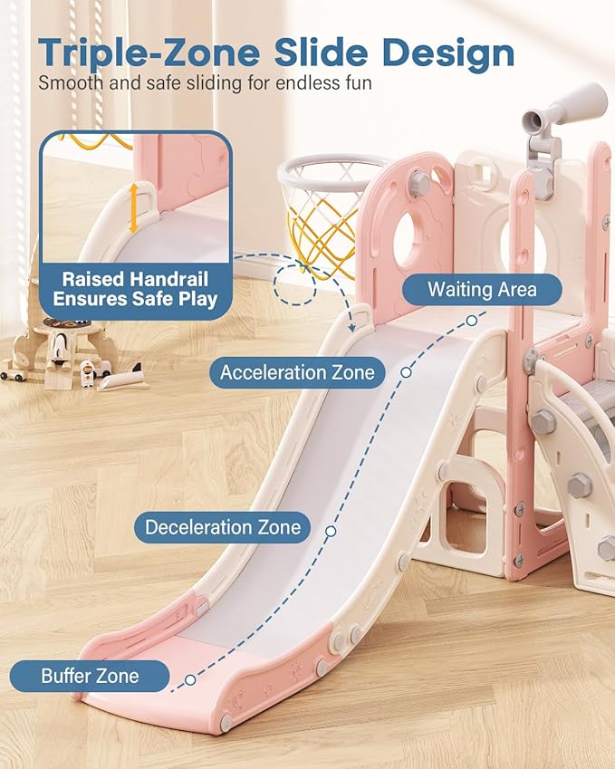 Babytronic Toddler Slide, 6 in 1 Kids Indoor Slide for Toddlers 1-3, Baby Indoor and Outdoor Climber Playset, Kids Slide with Basketball Hoop and Telescope, Toddler Outdoor Playground (Pink)