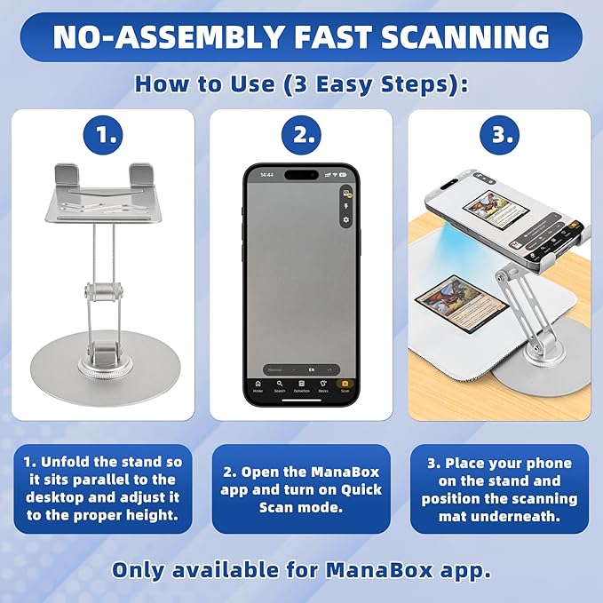 Foldable MTG Trading Card Scanner Stand,Carbon Steel Phone Holder Includes 50 Standard Size Card Sleeves and Scanning Pad,Ideal for Quickly Scan and Price Check,Available for ManaBox (silver)