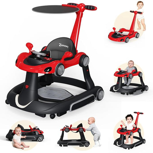 6 in 1 Foldable Baby Walker, Activity Baby Walker-Baby Bouncer, Rocker, Activity Center,Push Walker,Detachable Trampoline Mat, Adjustable Speed Rear Wheels and Height,Music & Lights,Ages 6-18 Months
