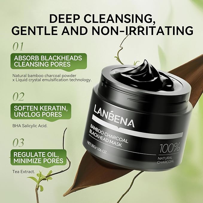 LANBENA 3 in 1 Blackhead Mask Kit-Bamboo Charcoal Pore Strips (30g), Pore Minimizing Serum (30ml) & Removal Paper - Mask for Face
