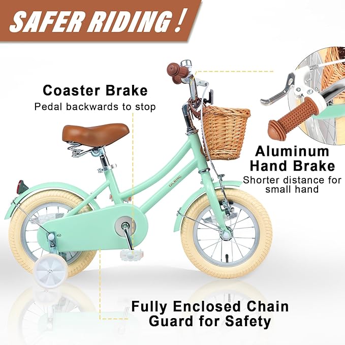 Glerc Little Molly 12-20 Inch Kids Retro Cruiser Bike for 2-13 Year Old with Wicker Basket & Training Wheels/Kickstand, Multiple Colors