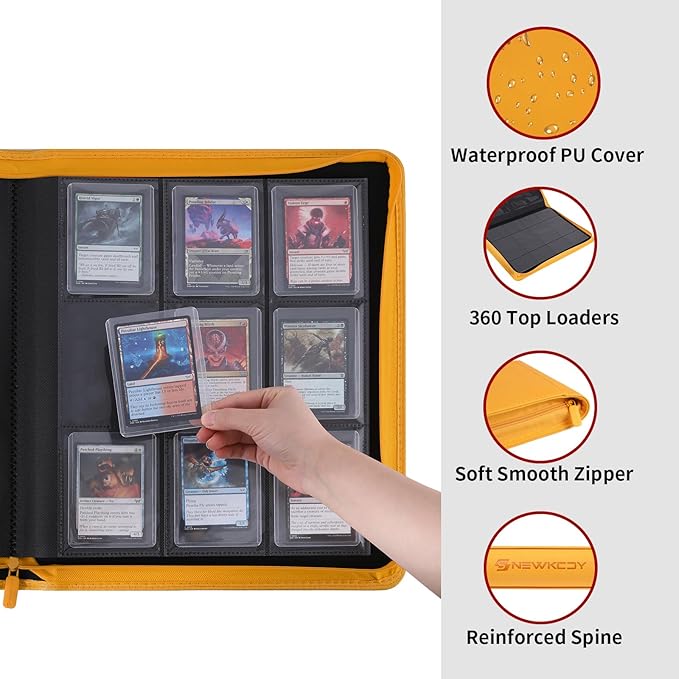 Snekdy Top loader Binder, 9 Pockets Top Loader，Holds 360 Top Loaders cards, Card binder with Sleeves for card in 3 x 4 inches color smooth Zipper PU Leather (Yellow)