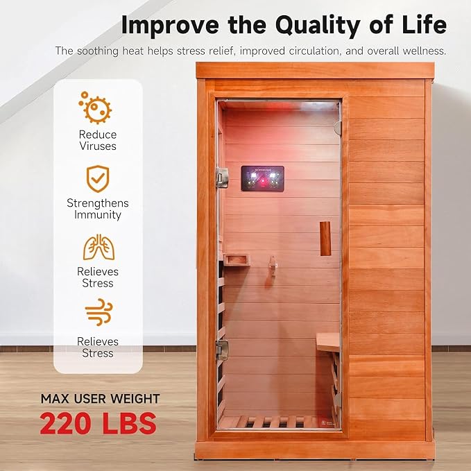 Sauna 1 Person Far Infrared Saunas for Home Low Emf Indoor Sauna | Wood Dry Sauna Room with Tempered Glass Door Speakers 7 Color Lighting Fast Heating Easy Assembly 35.2 * 27.6 * 61.6"