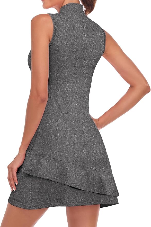 Viracy Tennis Dress for Women Sleeveless Golf Dresses with Shorts and Pockets Ruffle Zip Up Stand Collar Golf Outfits