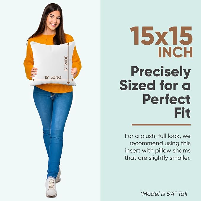 Pillowflex Synthetic Down Pillow Insert 15x15 in - Karate Chop Pillow | Small Square Sham Form, Plush Polyester Cotton Blend, Cloud-Like Comfort, Clump-Resistant Fill, Smooth Elegant Finish