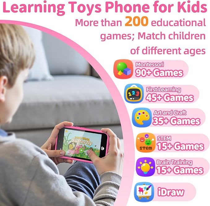 MOMILLA Kids Toys Smart Phone with Dual Camera, 3.97" Touchscreen, 200+ Educational Games, Learning Toys with Parental Control for Ages 3-8