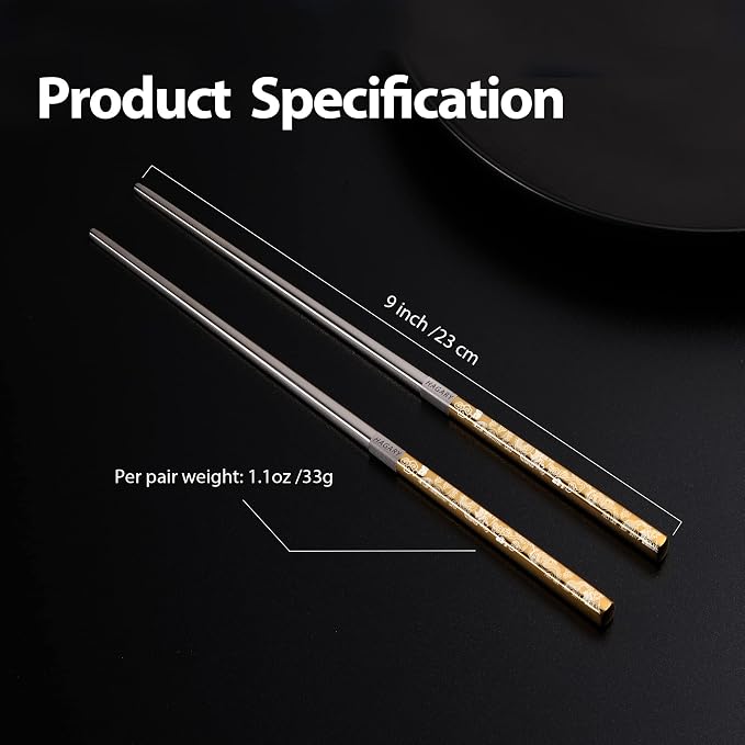 Hagary Dragon Chopsticks Metal Reusable Designed In Korea Japanese Style Stainless Steel 316 18/10 Non-Slip Dishwasher Safe Laser Etched (Gold - 5 Pairs)