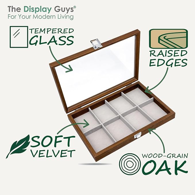 Wooden Travel Jewelry Box w. Tempered Glass Display Lid - Bracelets Storage - 8-Compartments Velvet Organizer (Dark Oak) by The Display Guys
