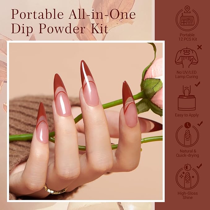 AZUREBEAUTY 30Pcs Dip Powder Nail Kit Starter with Nail Sticks, 8 Colors Fall Winter Nude Brown Glitter, Dipping Powder Liquid Set with Matte/Base/Top Coat Activator for French Manicure Salon
