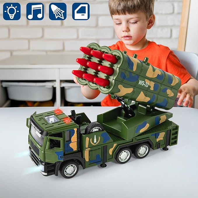 Army Truck Toy, Military Vehicle Toy with 9 Missile Launcher Alloy Cab, Die-cast Army Toy with Lights & Sounds, Birthday Party Gift for 3 4 5 6 Years Old Boys and Girls