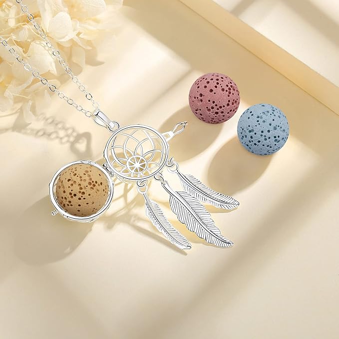 INFUSEU Dreamcatcher Necklace Aromatherapy Gifts Essential Oil Diffuser Lava Rock Stone Pendant Native American Indian Jewelry for Women Dream Catcher Feather Spiritual Meditation Items