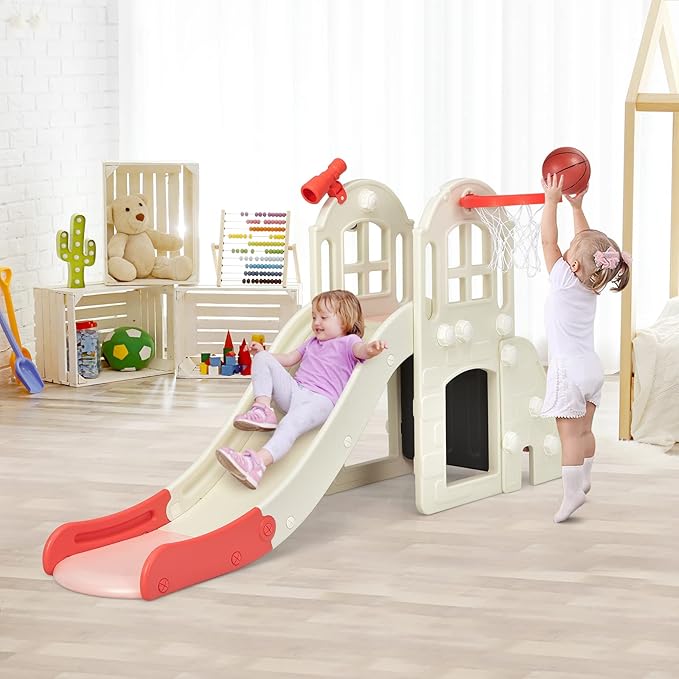 BABY JOY Toddler Large Slide, 6 in 1 Slide for Kids with Basketball Hoop, Ring Toss, 2 in 1 Convertible Climbing Way, Freestanding Kids Slide Climber Set for Indoors Outdoor Boys Girls Gifts Present