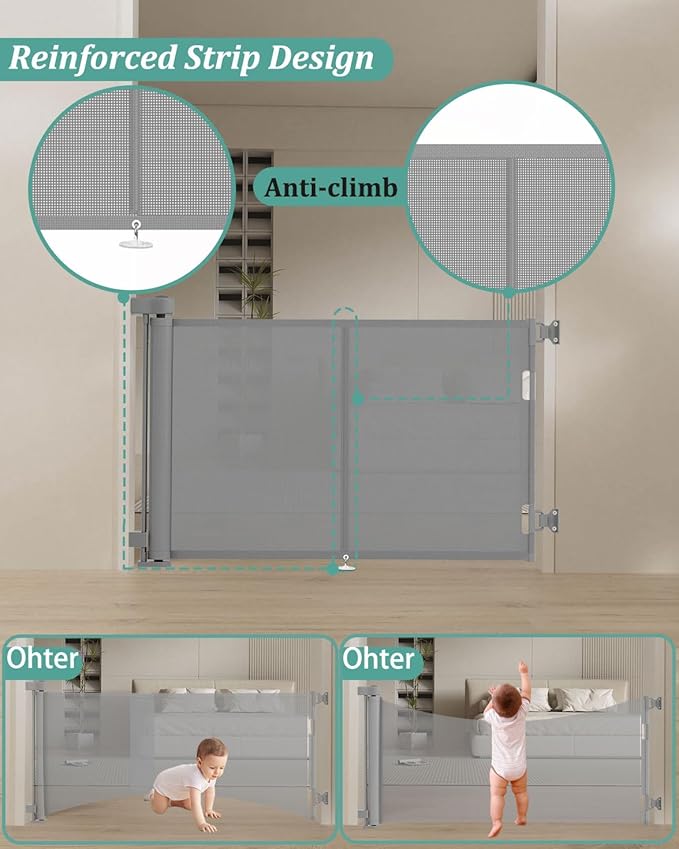 Miumoon 50 inch Retractable Baby Gates 34 inch Tall, Retractable Gate with Reinforced Strip Design to Prevent Crawling Through, Retractable Dog Gate for Stairs, Doorways, Hallways