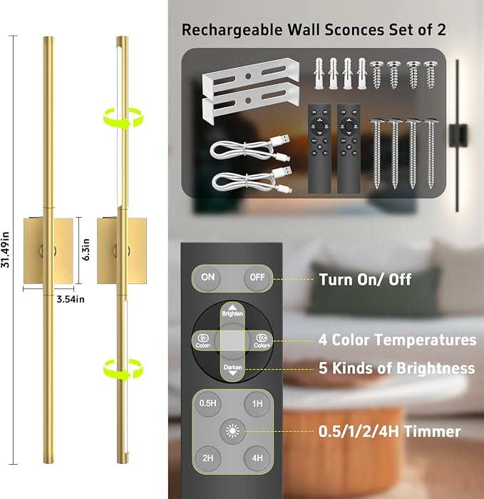 Battery Operated Wall Sconces Set of 2, 10000mAh, Gold | remote control and 360° rotation, for picture display TV wall mirror bedroom or living room home decor