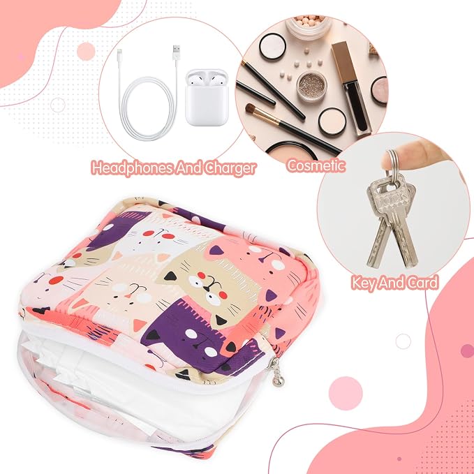 YUXIANLB Sanitary Napkin Storage Bag, Portable Period Bags for Teen Girls, Tampon Disposal Bags Teen Pads Feminine Product Organizer, First Period Kit Pouch for Girls (Cat)