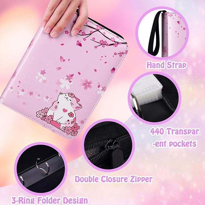 CLOKORIA Card Binder for Girls Gifts,440 Cards Collectible Trading Card Holder Case with 55 Sleeves, 4 Pocket for TCG Game Cards Collection Sports Trading Cards Collector Album (Sakura cat)
