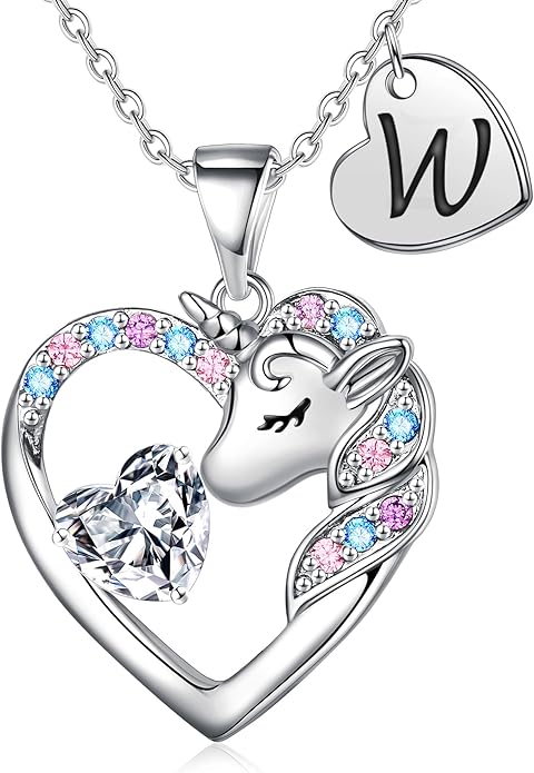 Unicorn Necklace Gifts for Girls Kids - Colorful CZ Heart Initial Necklaces Unicorn Necklace for Girls Jewelry Birthday Gifts for Little Girl Kids