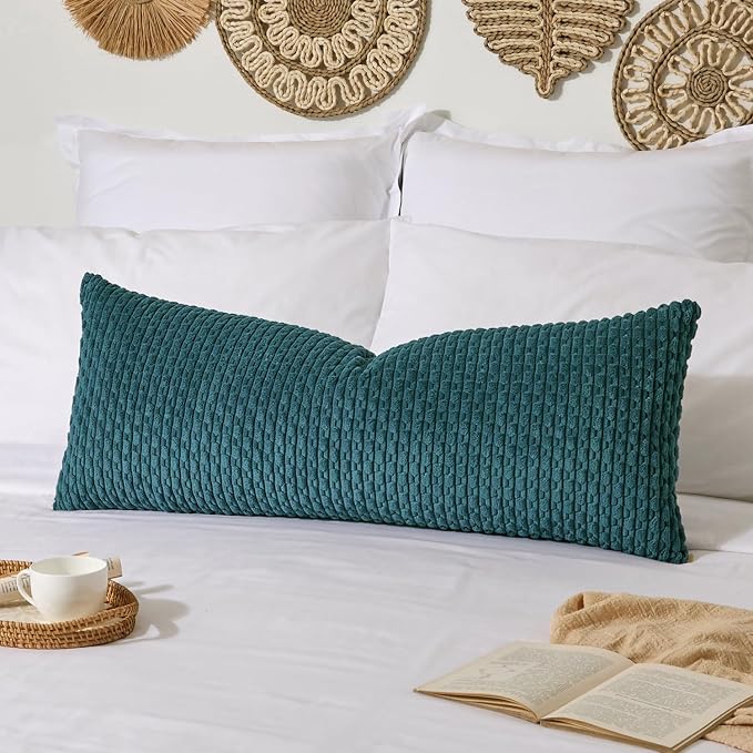 Kevin Textile Soft Corduroy 14"x36" Lumbar Pillow Cover 1 Pack, Teal Blue | Boho Stripe Plush Corduroy Decorative Oblong Cushion Cover Modern Farmhouse Home Decor for Sofa Couch Bed Chair
