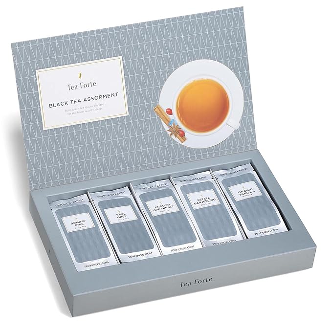 Tea Forte Single Steeps Loose Leaf Tea Sampler, Assorted Variety Tea Box, 15 Single Serve Pouches, Black Tea
