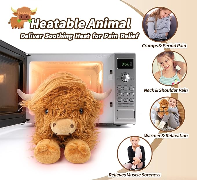 Highland Cow Stuffed Animals, Microwavable Stuffed Animals Heating Pad for Cramps, Pain Stress Relief, Heatable & Coolable Lavender Scented Cow Plush Toy for Anxiety, Women Kid Bedtime Highland Cattle