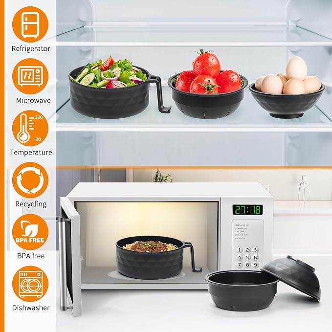 Ramen Cooker,Microwave Ramen Bowl,Ramen Noodle Bowl,College Dorm Room Essentials for Girls for Boys, Portable Noodle Bowls,for Home Office Dorm Room College gift,BPA-Free (Black)