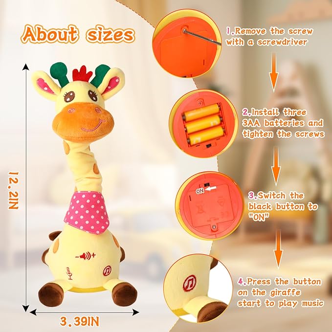 LUKETURE Dancing Talking Giraffe Toy Stuffed Plush, Cute Interactive Talking Giraffe Gift for Girls Boys Kids, Musical Baby Toys Singing 10 Children's Song Repeats What You Say (Dancing Giraffe)