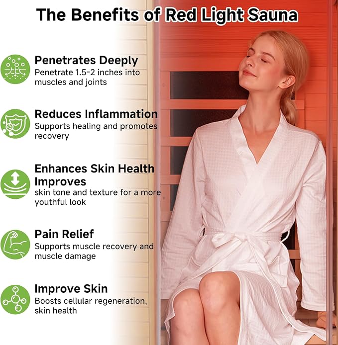 Real Relax Infrared Sauna with 660 & 850nm Red Light Therapy, Full Spectrum Sauna with 7 Heater, 1290w 120v, Fast Heat-Up, 1 Person Canadian Hemlock Wood Dry Sauna for Indoor, Home Gym, 31.5*30.3*67"