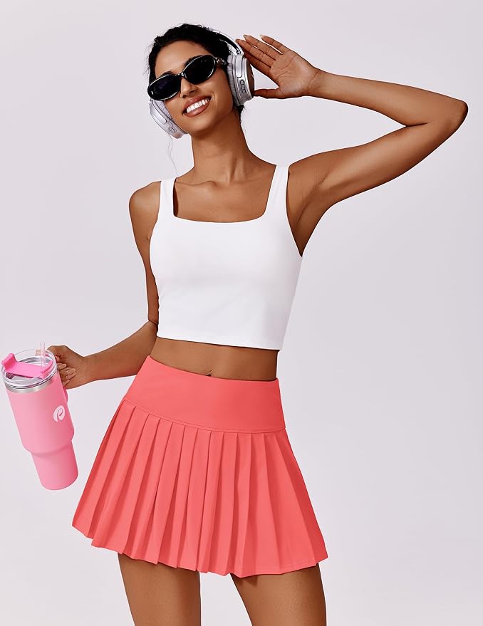 PINSPARK Pleated Tennis Skirts Mini Athletic Golf Skorts with Pocket | 14", High Waist, Lightweight, Quick Dry, Stretchy, Inner Shorts, Sun Protection, Pickleball, Casual, for Women