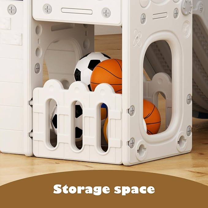 Glaf Toddler Slide 9 in 1 Outdoor Playset Indoor Playground Kids Slides for Toddlers 1-3 Baby Toys with Climber Basketball Hoop Drawing Board and Storage Space (Grey)