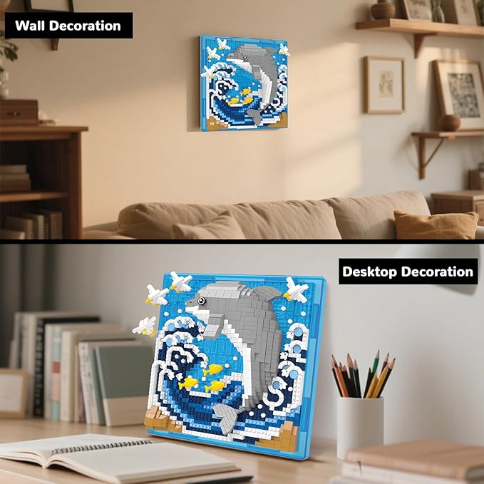 Dolphin Animal 3D Wall Art Micro Mini Building Blocks Set, Unique Home Wall Decor or Table Display, No Compatible with Lego Set, Ideal Gift Toy for Adults Boys Girls (1113 PCS)