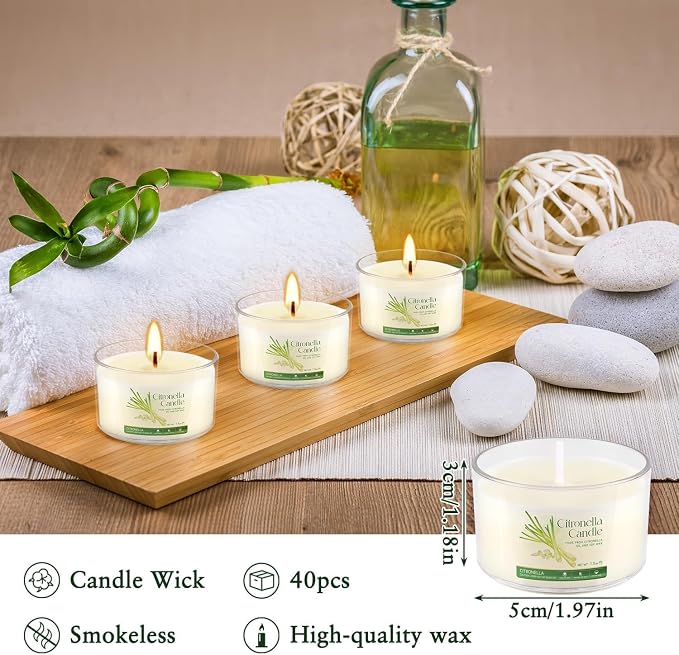 40 Pack Citronella Candles Bulk, Long Burning Portable Travel Size Soy Wax Candles with Natural Citronella Oil, Small Acrylic Jar Candle Set for Patio, Backyard, Camping, Indoor Outside