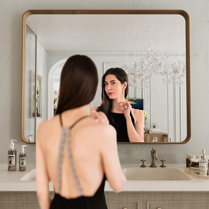 LOAAO 40X36 Inch Bathroom Mirror with Wood Grain Colored Metal Frame, Rounded Rectangle Metal Framed Bathroom Mirror, Anti-Rust, Hangs Horizontally or Vertically, Tempered Glass | Rounded Rectangle Metal Framed, Anti-Rust, Hangs Horizontally or Vertica...