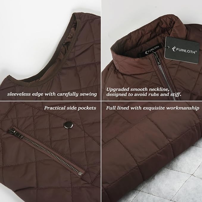 Fuinloth Women's Quilted Vest Lightweight Puffer Stand Collar Zip Gilet | 4 pockets with 2 inner storage. Quilted padded warm gilet. Fall winter outerwear layering vest for travel hiking daily wear.