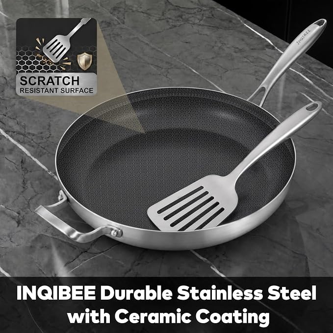 Inqibee 14.5-Inch Hybrid Ceramic Nonstick Chef's Pan with Lid | Tri-Ply Stainless Steel Skillet for Family Meals, Scratch Resistant Surface, Induction Compatible, Dishwasher & Oven Safe