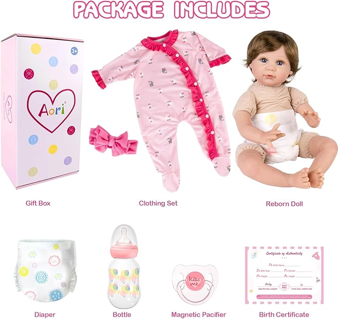 Aori Reborn Baby Dolls 22 Inch Realistic Baby Girl - Lifelike Weighted Newborn with Realistic Wig Hair, Magnetic Pacifier & Pink Outfit, Gift for Collectors, Kids 3+
