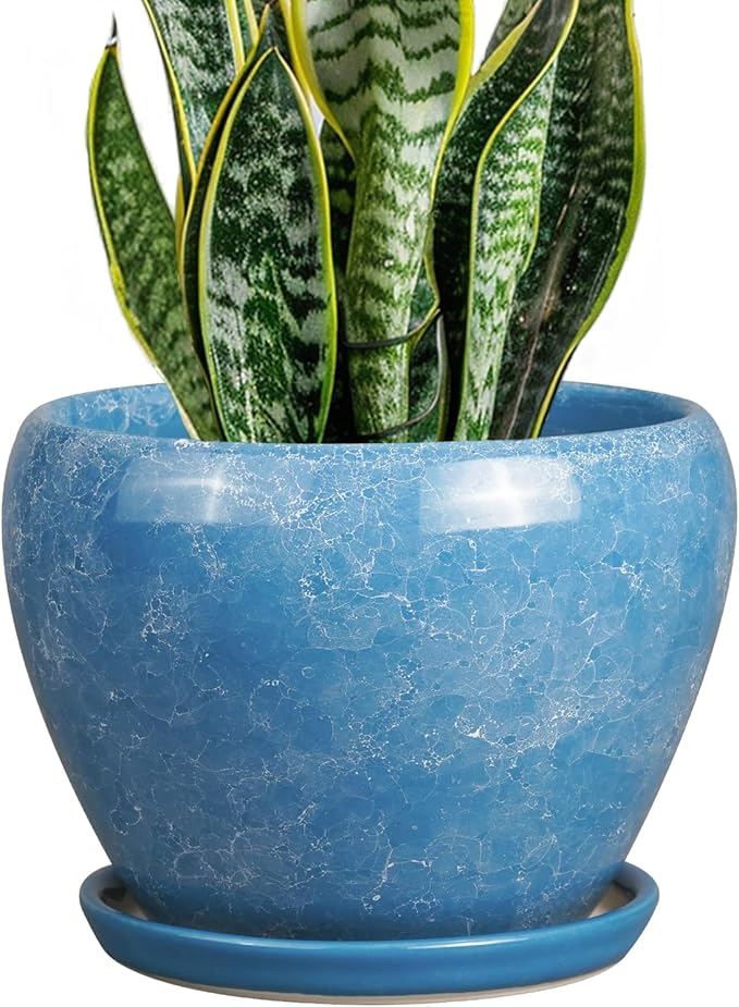 Ceramicfor Ceramic Planter - 8 Inch Plant Pot with Drainage Hole and Saucer, Glaze Round Flower Pot for Home Garden Patio Office, Blue