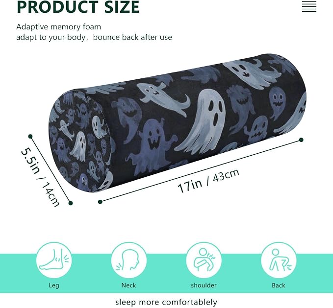 Ghost Black Blue White Neck Roll Pillow Bolster Round Health Memory Foam Long Cervical Cylinder Pillows with Removable Washable Cover for Body Bed Legs Back Yoga