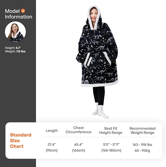 Giggling Getup Wearable Blanket Hoodie for Adults Gifts for Teen Girls Sister Women Sherpa Fleece Printed Hooded Blanket Sweatshirt Warm Cozy with Pocket & Sleeves Black Glowing Dinosaur