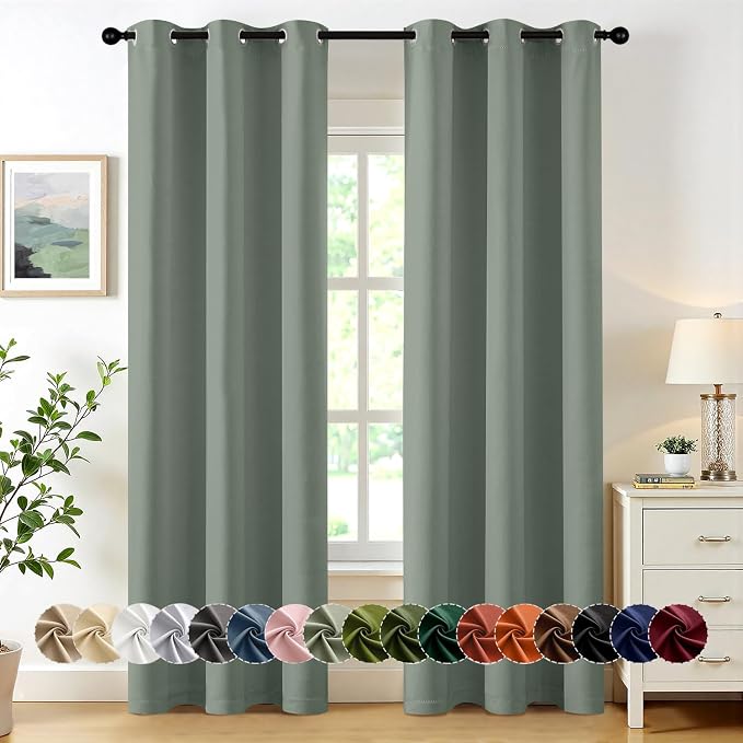 MIULEE Blackout Curtains for Bedroom 2 Panels 40 x 72 Inch Long Light Green | Thermal Insulated, Living Room Darkening Grommet Drapes, Noise Reducing, Light Blocking Window Treatments