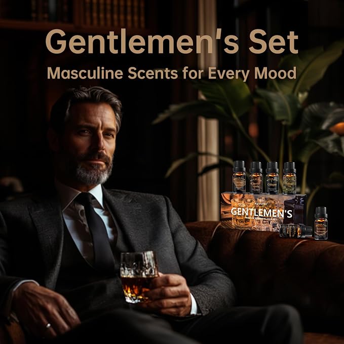 Men Essential Oils Set for Diffuser for Home, 6x10ml Masculine Fragrance Oils for Candle Making, Scented Oil Gift Set for Men, Mahogany, Sandalwood, Cologne, Smoke Vanilla, Leather