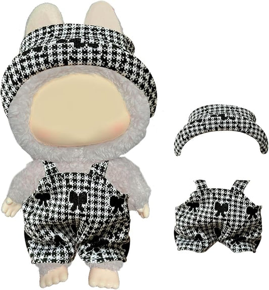 Clohtes for labubu Dolls (15cm & 17cm Monster Keychain-Macaron/Have a seat/Energy). British Style Clothing for labubu Outfits.(Shepherd Check Overalls)