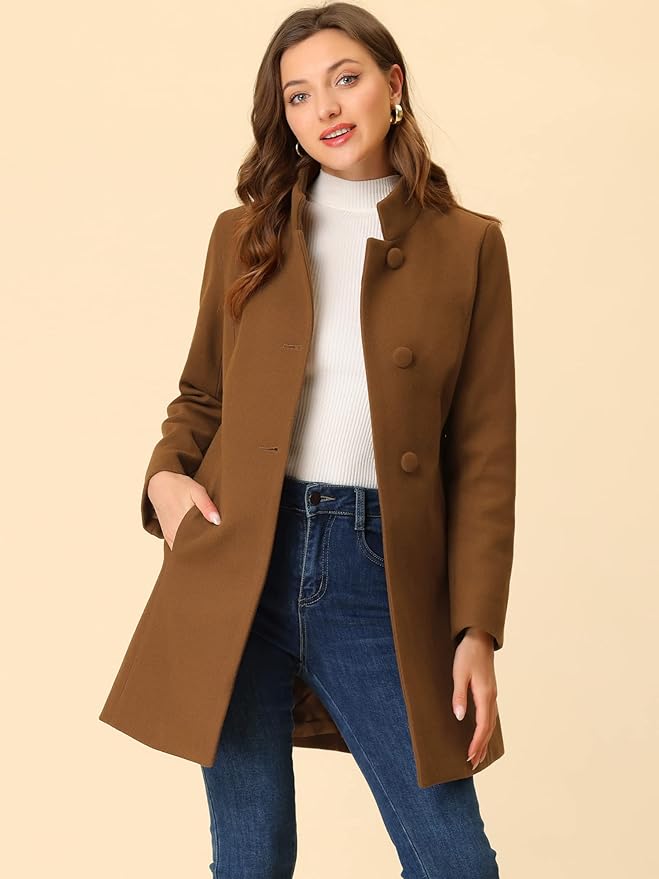 Allegra K Women's Winter Overcoat Mid-Long Stand Collar Single Breasted Coat Outerwear