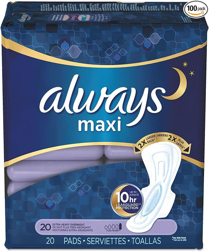 Always 17902 Maxi Pads, Extra Heavy Overnight, 20/Pack, 6 Packs/Carton