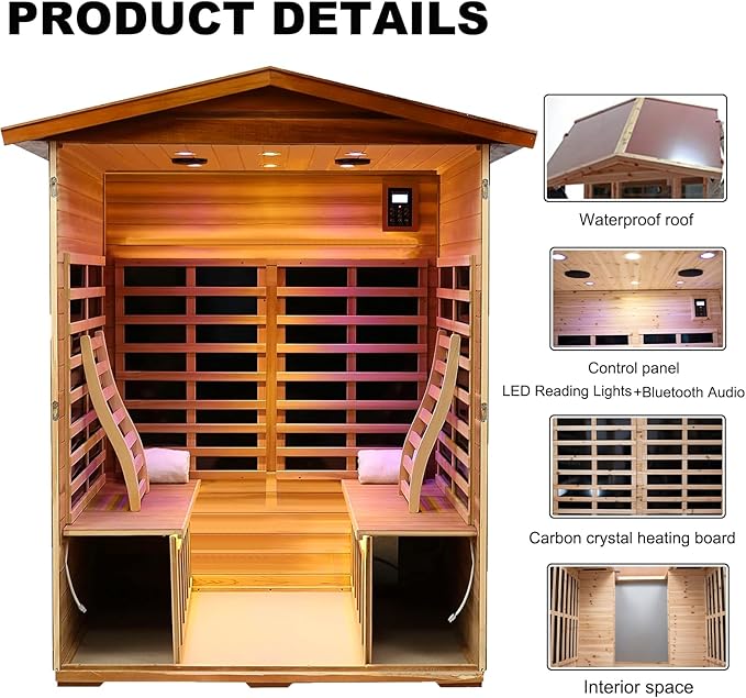 Kanlanth Outdoor Sauna 4 Person Low EMF Far Infrared Sauna for Home, 2050W Mahogany Wooden Sauna Room for Outdoor Indoor Home, with Blue-Tooth, LCD, LED