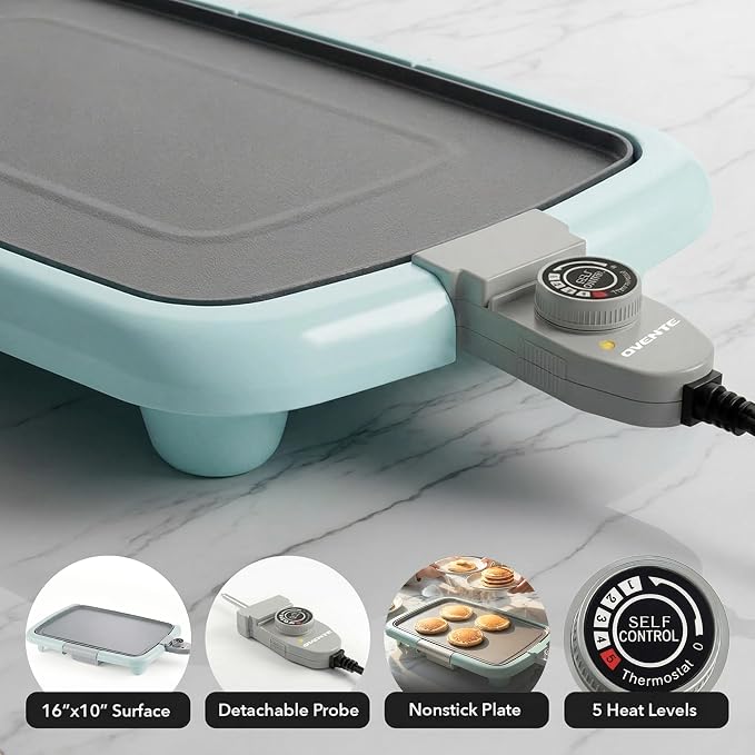 OVENTE Electric Griddle with 16 x 10 Inch Non-Stick Plate, Blue GD1610LBL | Removable and Adjustable Temperature Control, Indoor Grill perfect for Instant Breakfast, Pancakes, Eggs or Burgers