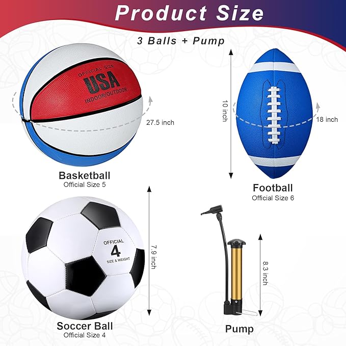 Libima 3 Pcs Sports Ball Set for Kids Teens Include Official Size 5 Basketball 4 Soccer 6 Football with Pump and Carry Bag Training Practice Sport Gift for Kids Teens Back to School
