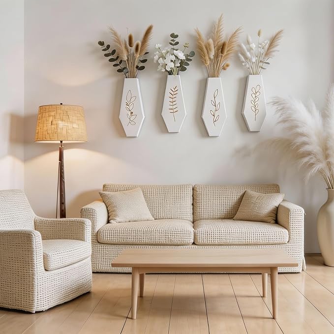 Wood Wall Vase 4 Pack, Modern Farmhouse & Boho Wall Decor Wooden Hanging Planter Set, Minimalist Wall Mounted Vase for Living Room, Entryway, Hallway, Bathroom, Dining Room(White)