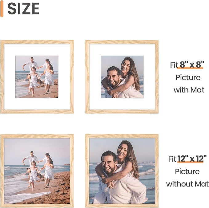 upsimples 12x12 Picture Frame, Display Pictures 8x8 with Mat or 12 x 12 Without, Wall Hanging Square Frames, Natural Style, 1 Pack